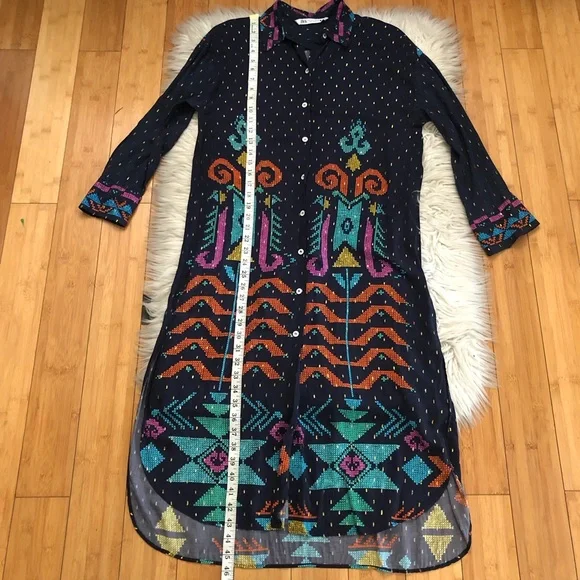 Zara Actez Tribal Geometric Metallic Long Sleeves Colorful Navy Shirtdress M - Picture 15 of 15